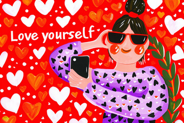 Positive girl with smartphone and text love yourself. Cute doodle style illustration. - obrazy, fototapety, plakaty