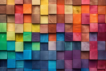 Abstract geometric rainbow colors colored wooden square cubes texture wall background banner illustration panorama long, textured wood wallpaper - obrazy, fototapety, plakaty