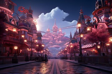 Futuristic fantasy city at night. Panoramic view.