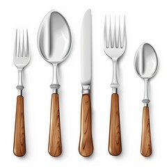 Naklejka premium Elegant Cutlery Set with Wooden Handles on White Background for Fine Dining Decor