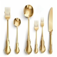 Elegant Gold Cutlery Set on White Background for Fine Dining - obrazy, fototapety, plakaty