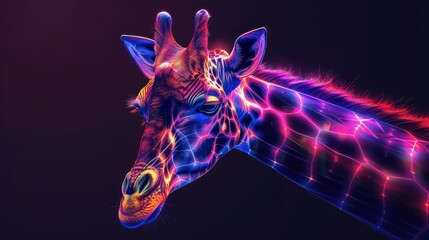 Abstract 3d colorful hologram giraffe animal drawing in dark background. AI generated - obrazy, fototapety, plakaty