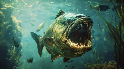 Piranha killer zombie fish swimming on underwater in the river. AI generated image - obrazy, fototapety, plakaty