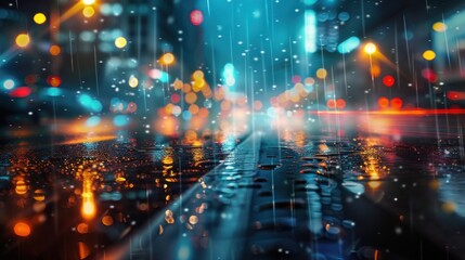 Rainy wet empty road night in the big city with blur background. AI generated image - obrazy, fototapety, plakaty