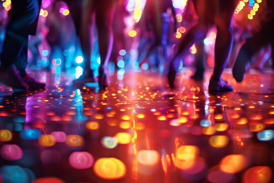 A dance floor comes alive with vibrant, multicolored lights reflecting off a shiny surface, capturing the movement of partygoers' feet in a festive atmosphere.
