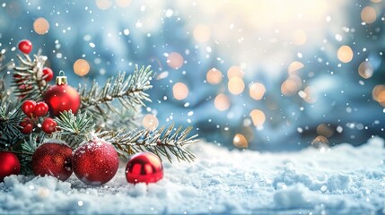 Fototapeta na wymiar winter landscape decoration background, christmas tree and decorations as panoramic wallpaper header