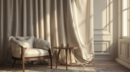 Scandinavian interior with sheer curtains, armchairs and tables with light rays. Generated AI image - obrazy, fototapety, plakaty
