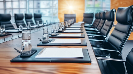  "Professional Meeting Space"
An illustration capturing the essence of a professional meeting space, featuring an empty conference table with black leather chairs, notepads, and pens neatly arranged. 