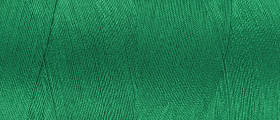 Texture of green color threads in spool close up, macro. Wide banner, header of sewing threads...