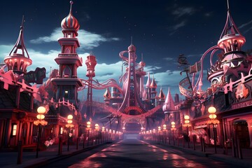 Amusement park at night in Tokyo, Japan. This is a 3d render illustration. - obrazy, fototapety, plakaty