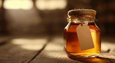 Jar of golden honey with a blank tag on a rustic wooden table. Organic farming and healthy food concept. Image for branding, product labels, and local produce advertising. Banner with copy space.