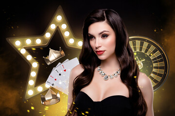 Artwork collage of classy pretty millionaire lady win fortune casino roulette cards ace combination crown diadem