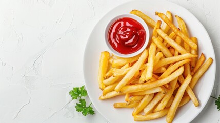 Top view of french Fries with Ketchup on plate in white background, copy space. Generated AI image - obrazy, fototapety, plakaty