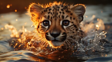 Young cheetah swimming in the water - obrazy, fototapety, plakaty