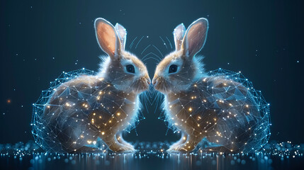 Two cute polygonal rabbit figure composed of sparkling points and lines on dark digital landscape backdrop - obrazy, fototapety, plakaty