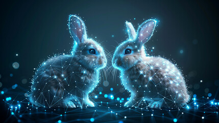 Two cute polygonal Easter bunny rabbits composed of sparkling points and lines on dark digital landscape backdrop - obrazy, fototapety, plakaty