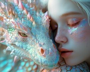 Beautiful albino girl loving her colorful dragon. 