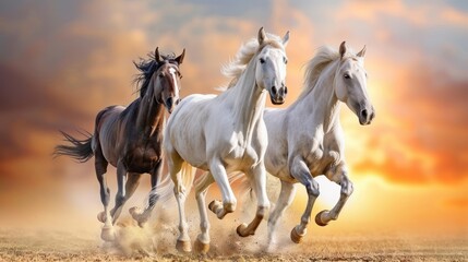 Beautiful strong horses animal running together in savanna. AI generated image - obrazy, fototapety, plakaty