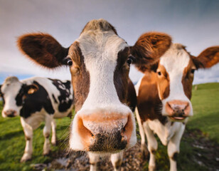 Close up na cara de 3 vacas no pasto da fazenda e c&eacute;u ao fundo.