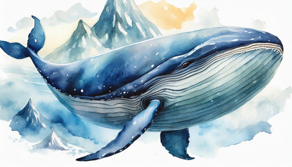 Watercolor blue whale illustration isolated on white background. Hand-painted realistic underwater animal art. - obrazy, fototapety, plakaty