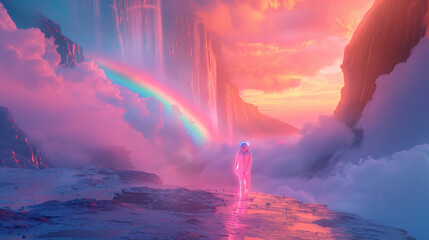 Sci-fi landscape with rainbow and neon silhouette - obrazy, fototapety, plakaty