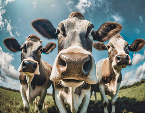 Close up na cara de 3 vacas no pasto da fazenda e céu ao fundo.