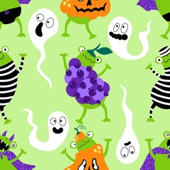 Obraz premium Cartoon Halloween animals carnival costumes seamless frogs and pumpkins pattern for wrapping and kids party