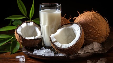 Glass bottle of coconut oil with fresh coconut fruit on wooden rustic background