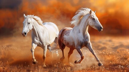 Obraz na płótnie Canvas Beautiful strong horses animal running together in savanna. AI generated image