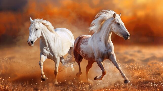 Beautiful strong horses animal running together in savanna. AI generated image