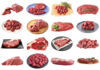 Many different fresh beef meat pieces isolated on white, set
