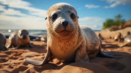 Cute sea lion resting on wet sand - obrazy, fototapety, plakaty