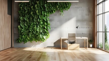 Modern office wall with fresh green plants for refreshing air circulation in the room. AI generated
