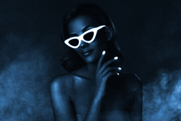 Collage 3d image of cool pretty lady wear glowing sunglass nightclub clubbing blue fog dark...