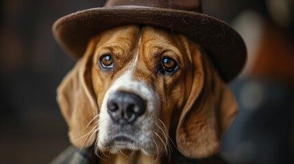 A curious and intelligent beagle, donning a detective hat against a mysterious backdrop, perfect for showcasing mystery and detective novel products.