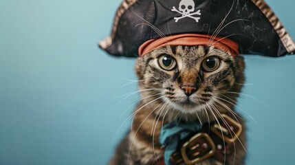 A whimsical feline adorned in a pirate costume against a serene blue backdrop, under soft studio lights, perfect for showcasing children's book products.