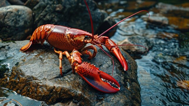 Red lobster fish animal close up view on the river stone. AI generated image