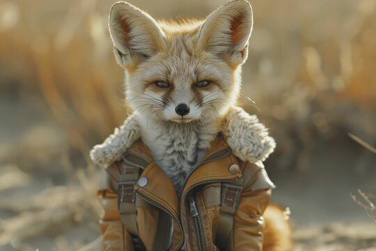 An intrepid fennec fox sporting a pilot jacket on a desert airfield, perfect for adventure-themed apparel and exotic pet showcases.