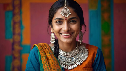 Front close up portrait of young natural joyful smiling Indian princess wearing traditional clothes and ornaments, standing and looking at the camera, fabric in the background, vivid colours