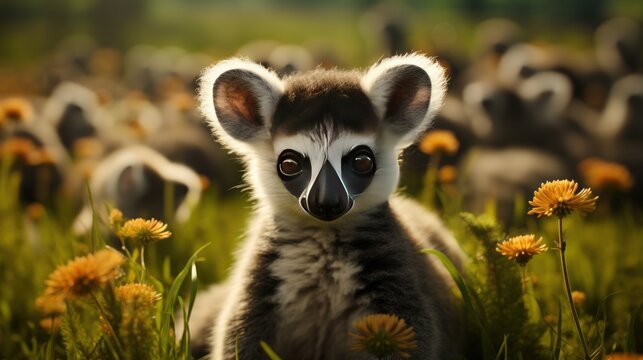 Close up shot of sitting ring tailed lemur on grass