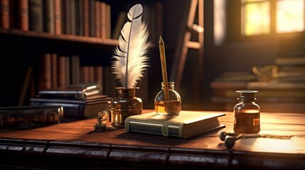 old quill pen with inkwell and papers on wooden desk