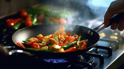 Hands of cook frying vegetables on pan