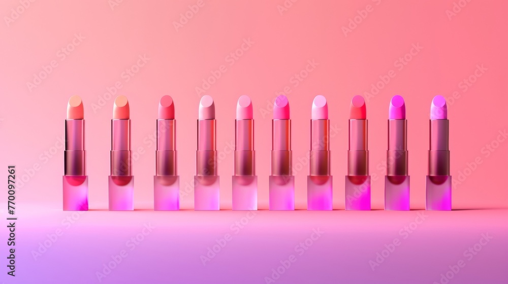 Poster a lineup of mockups for lipstick bullets with a gradient ombre design and a modern sansserif font fo