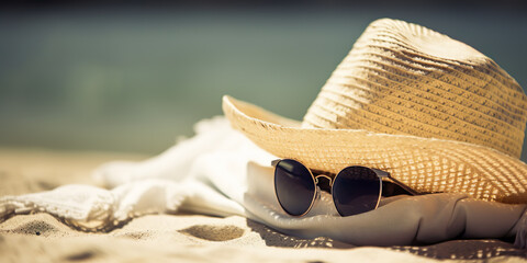 Closeup of glasses and sun hat on the beach