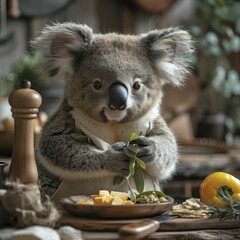 Obraz premium A whimsical koala donning a chef's apron in a kitchen setting, perfect for culinary school ads and showcasing gourmet food products.