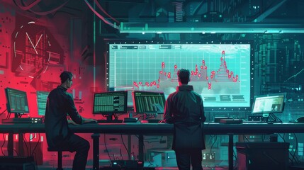 Fototapeta na wymiar Cyberpunk economy, big monitors with vital graphs showing a bad trend in stoks, pain, financial failure, illustration, flat design, concept, hackers 