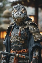 Komodo Dragon with Samurai Armor on Ancient Temple Background, Fierce and Traditional, Ideal for Historical Fiction and Martial Arts Product Displays