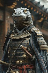 Intriguing imagery featuring a Komodo Dragon adorned in Samurai Armor against an ancient temple backdrop, perfect for historical fiction themes.