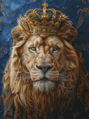 Enhance your living space with the regal charm of a lion wearing a king's crown on a royal blue background, perfect for luxury decor and high-end displays.