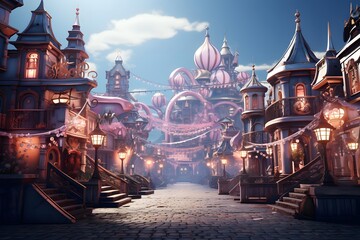 3D illustration of a fairy tale city at night with lanterns - obrazy, fototapety, plakaty